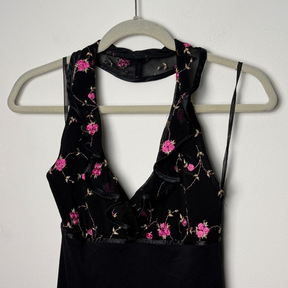 Rampage Womens Black Pink Floral Embroidered Halter High-Low Midi Dress Size M